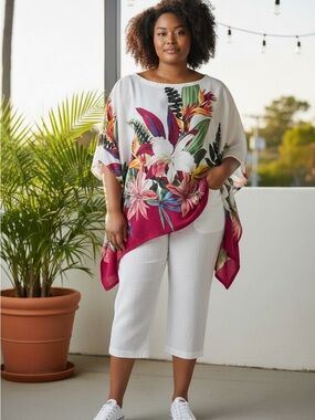 Chico's White Caftan Tunic with Tropical Floral Print and Fuchsia Hem S/M